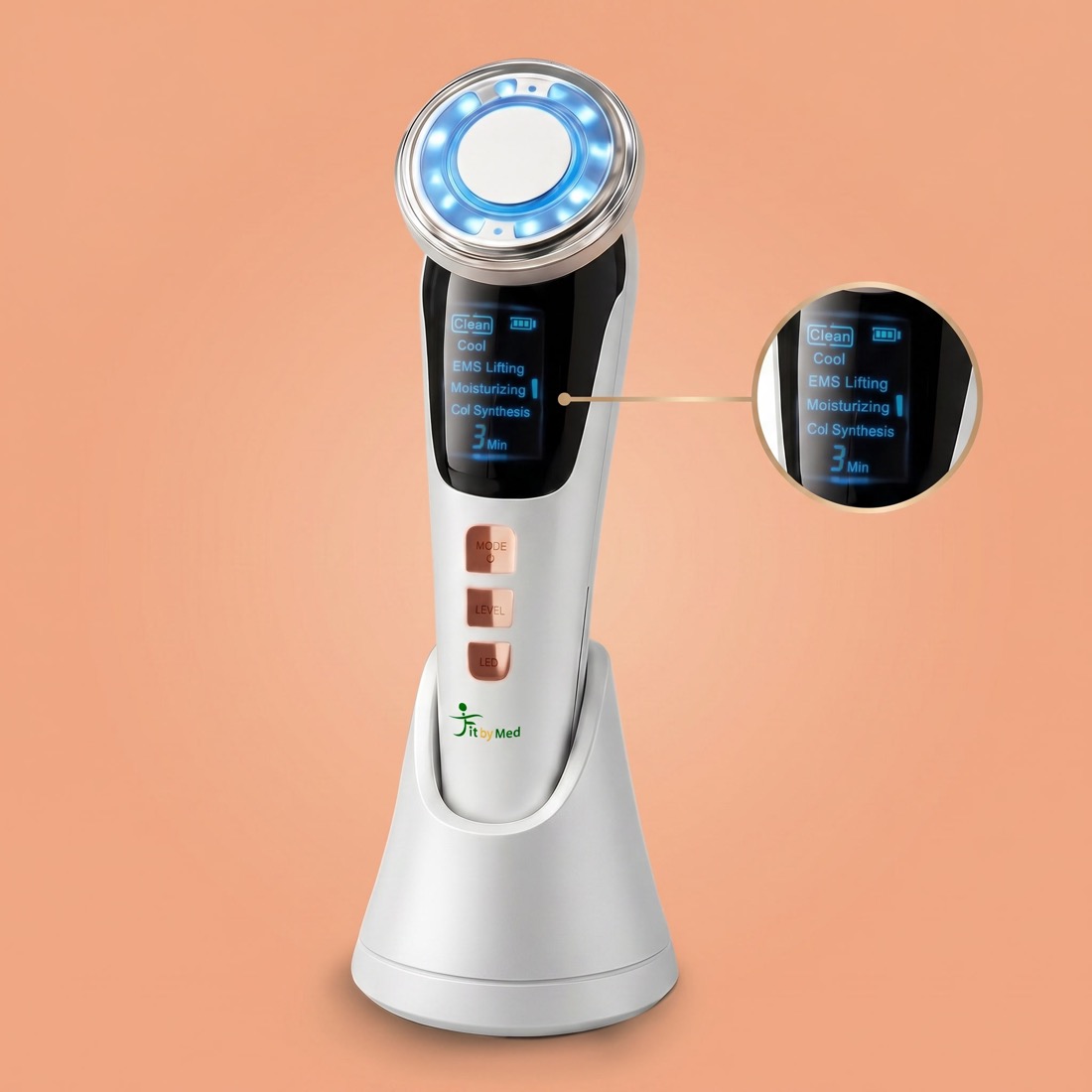 Wyświetlacz masażera JustLift EMS z pięcioma trybami: Clean, Cool, EMS Lifting, Moisturizing, Col Synthesis